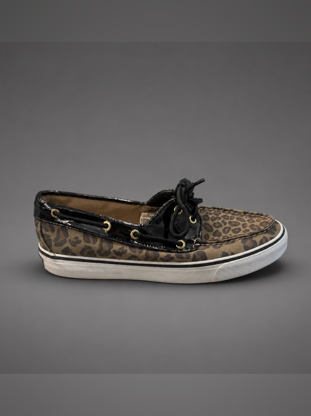 Sperry Leopard Print Boat Shoe with Black Patent Accents